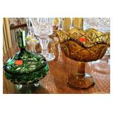 Amber Dish - Footed Green Cut Crystal Dish 