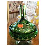 Footed Green Cut Crystal Dish 