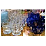 Vintage Cobalt Blue Czech Bohemian Cut Clear Crystal Bowl  