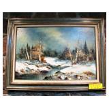 Signed Winter Birch Stream Oil on Canvas 