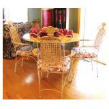 Iron Round Wood Top Table with 4 Iron Ratan Upholstered Cushion Chairs 