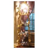 Italian Florentine Tole Gold Gilt Étagère With Porcelain Roses 4 tier Lighted Shelf