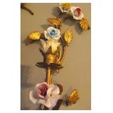 Italian Florentine Tole Gold Gilt Étagère With Porcelain Roses Matching Wall Sconces