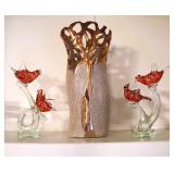 Rare! Vintage Murano Art Glass Cardinal Birds with Gold Flecks on Branch Sculpture