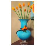 Vintage Hand-Blown Blue Glass Cased Vase with Applied Orange Flower Wrapped Vine with Hand-Blown per