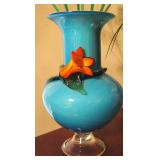 Vintage Hand-Blown Blue Glass Cased Vase with Applied Orange Flower Wrapped Vine with Hand-Blown per