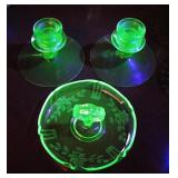 Vintage Green Glowing Uranium / Vaseline Etched Desert Serving Tray / Candle Stick Holders