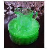 Uranium Green Glowing Depression Glass Plates and Creamer