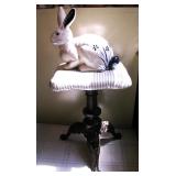 Antique Piano Bench with Large Ceramic Blue & White Rabbit