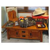 Amish Oak Coffee Table with Cabinets and Drawers / Stetson Hat / Dan Post Cowboy Boots / Camouflag