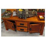 Amish Oak Coffee Table with Cabinets and Drawers / Stetson Hat / Dan Post Cowboy Boots / Camouflag