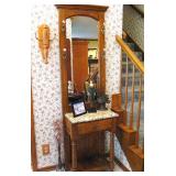 Vintage Oak Hall Tree, Marble and Mirror Entryway Hat Rack