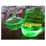 Anchor Hocking Princess Glowing Uranium Depression Glass Cream & Covered Sugar Bowl W/Lid Set / Butt