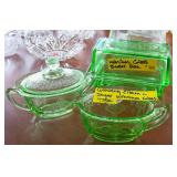 Anchor Hocking Princess Glowing Uranium Depression Glass Cream & Covered Sugar Bowl W/Lid Set / Butt