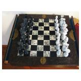 Vintage Chess Japanese Set Carved Soapstone  Pieces Wood Folding Board with Etched Tiles - Drawers o