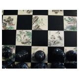 Vintage Chess Japanese Set Carved Soapstone  Pieces Wood Folding Board with Etched Tiles - Drawers o