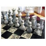 Vintage Chess Japanese Set Carved Soapstone  Pieces Wood Folding Board with Etched Tiles - Drawers o