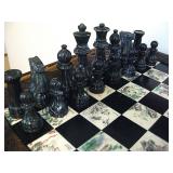 Vintage Chess Japanese Set Carved Soapstone  Pieces Wood Folding Board with Etched Tiles - Drawers o