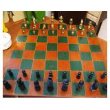Antique Vintage Brass and Cast Iron Wood Board Chess Set