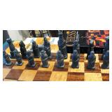 Vintage Korean Hand Carved Soap Stone and Wood Folding Board Travel Chess Set