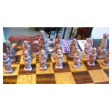 Vintage Korean Hand Carved Soap Stone and Wood Folding Board Travel Chess Set