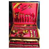Vintage Thailand 170 Piece JAMES Bronzeware Flatware Set Complete with Wood Storage Case