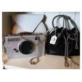 Retro Camera Crossbody or Clutch Cute! Sparkle Beaded Black, Silver Drawstring Chain Crossbody Purse