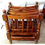 Vintage Wood Magazine Rack with Bottom Storage Drawer Ornate Spindle Legs