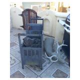 Metal carts, deer head statue