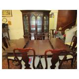 Queen Anne Dining room suite with oval table and leaves and pads & 8 Queen Anne Chairs & China Cabinet 