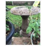 Small outdoor concrete birdbath. Measures approximately 24” tall x 20” wide.