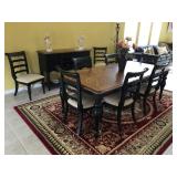 Dining Table & 8 chairs, 42” W x 68” L plus 18” leaf (86” L w/ leaf installed) x 30” H