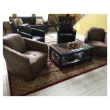 Dark Brown Leather Club Chairs (2), 29” W x 34” D ; Light Brown Leather Club Chairs (3): 34” W x 36”