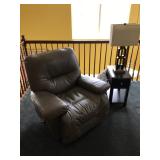 Leather Recliner, 43” W x 39” D x 18” H to seat, 35” H to back