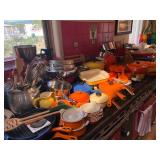 Kitchen items including La Cruest