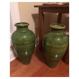 2 Large Green Pottery Vases