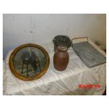 bed warmer, bowed glass frame old picture, cake mold 