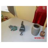 cast iron frog and iron crock potatoe masher