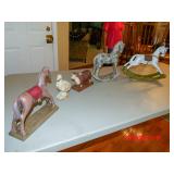 cast iron Hereford bull, plaster rocking horse,casdt iron duck