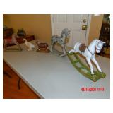 plaster rocking horse, hereford bull, cast iron duck, 