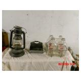 United Dairy Farmer crate + 4 half gal milk jugs, lantern, metal spice rack