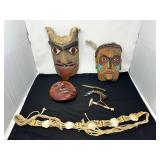 Handmade Wood Carved Native Masks, Tools & Belt