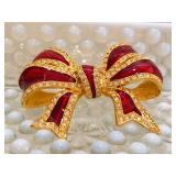 Enamel Crystal Glass Rhinestone Ribbon / Bow Pin