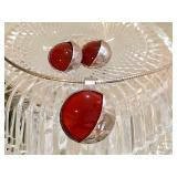 Modernist Carnelian Sterling Pendant & Earrings 