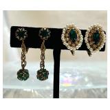 Miriam Haskell Emerald Green Glass Rhinestone Earrings 