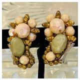 Hobe Signed Pink Opaque Milk Glass Beaded Earrings 