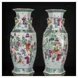 A Pair of 19th Antique Famille Rose Hexagon Vase