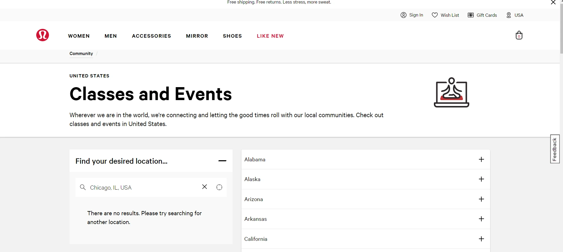 Class and event schedule on Lululemon's website