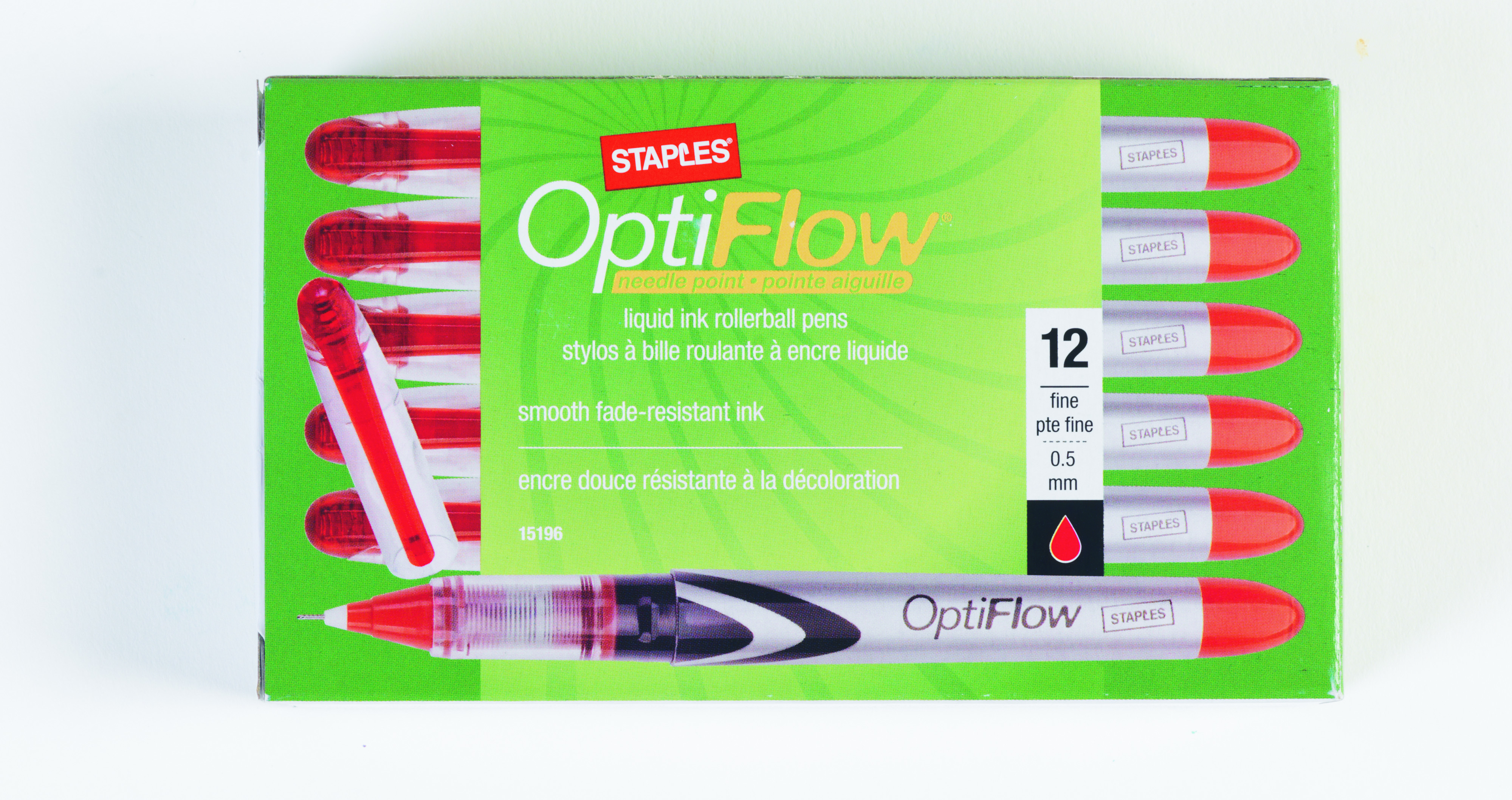 704790 15196 Staples OptiFlow Rollerball Pens Fine Point Red Ink Dozen