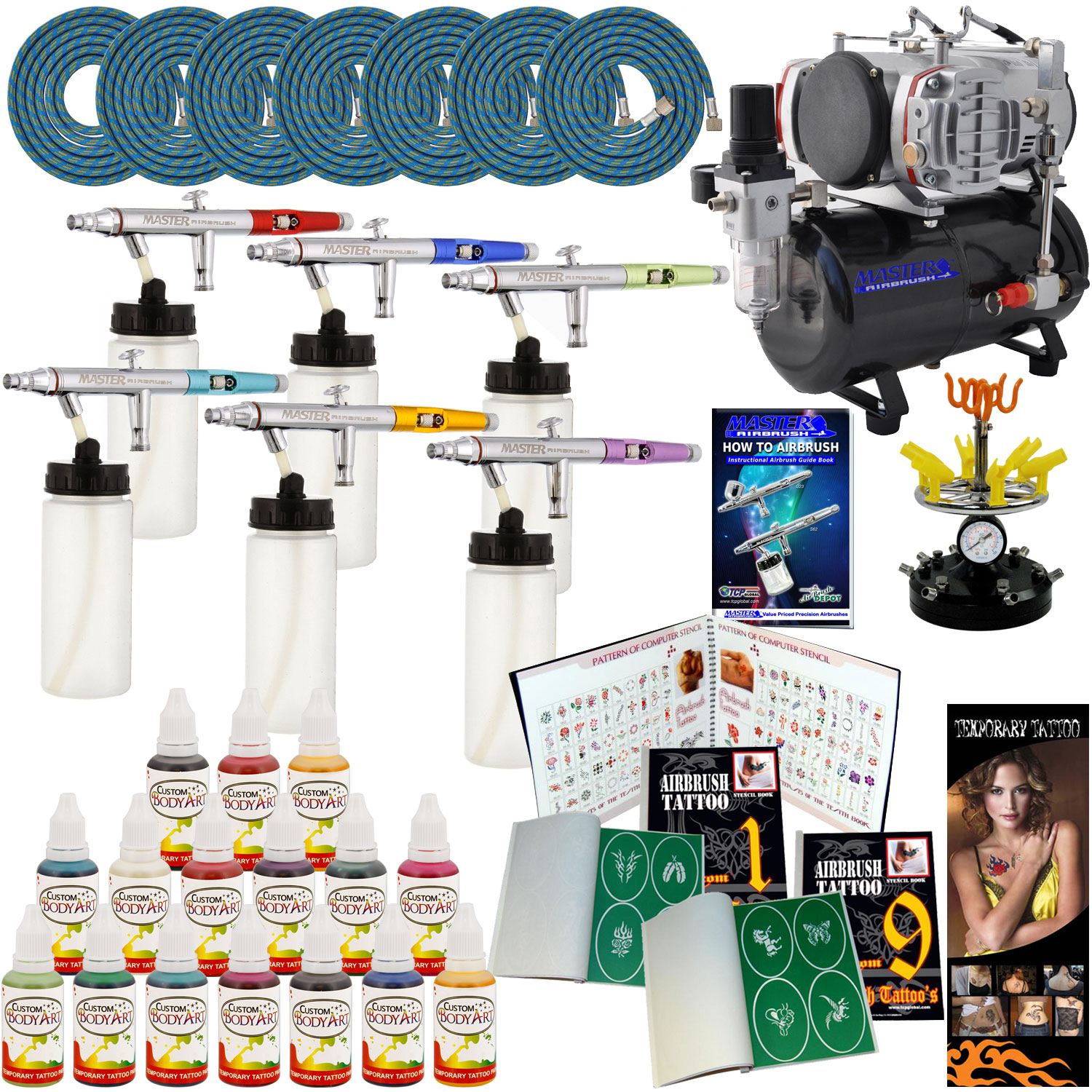 Ultimate 6 Professional Temporary Tattoo Airbrush System 16 Colors